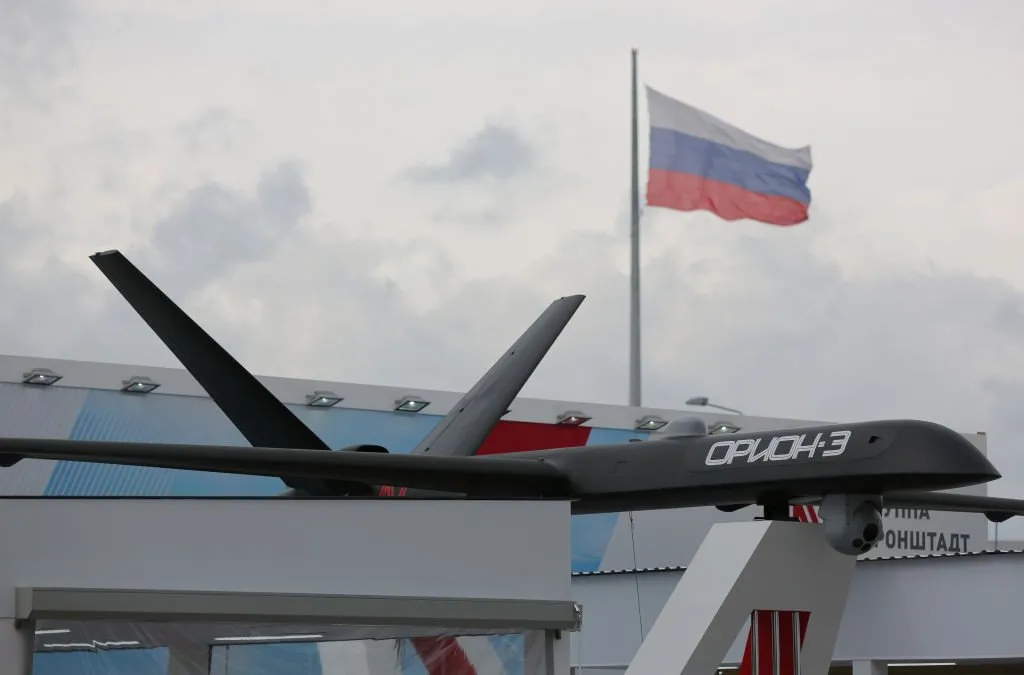 A Russian “Orion” long endurance unmanned aerial vehicle, developed by Aurora Flight Sciences Corp., sits on display at the International Military-Technical Forum “ARMY 2018” expo at Kubinka airfield in Kubinka, Russia. (Source: Getty Images)